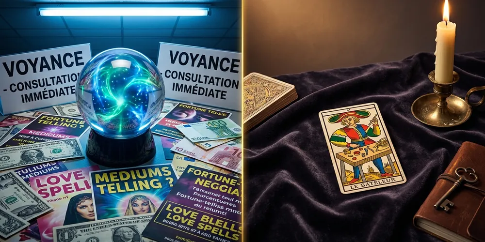 Comparatif visuel : flyers d'arnaque voyance à gauche, Tarot de Marseille authentique à droite