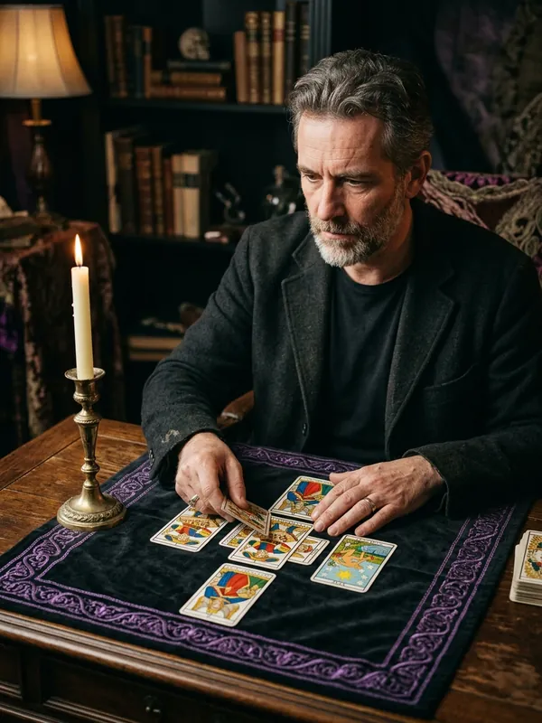 Joshua, médium tarologue, préparant un tirage de Tarot avant une consultation immédiate