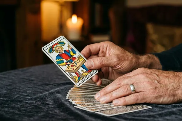 Mains de tarologue étalant un jeu de Tarot de Marseille sur velours sombre, tirage préparatoire avant consultation immédiate
