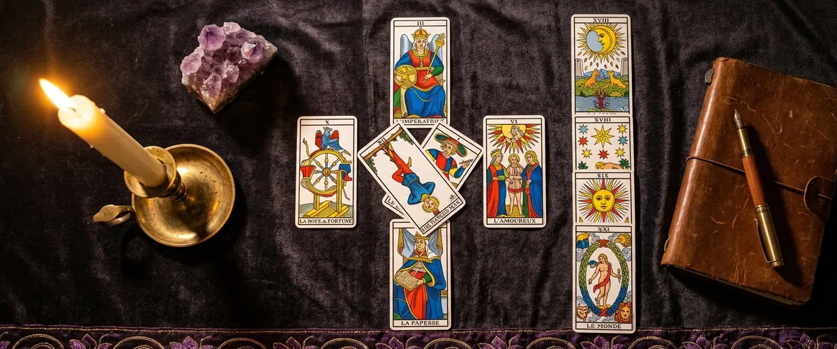 Cartes de Tarot de Marseille étalées sur velours sombre, consultation de voyance immédiate par médium tarologue